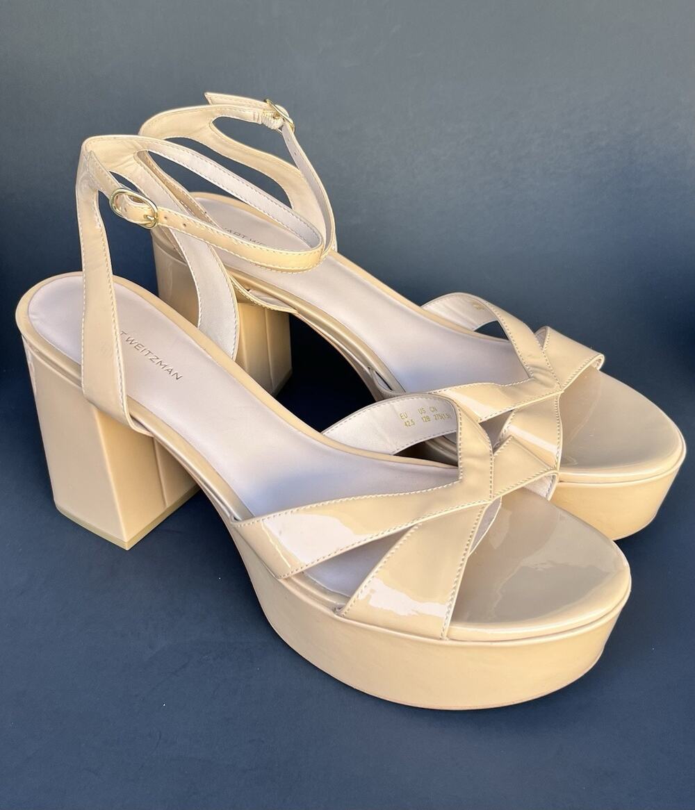 Stuart Weitzman Dayna Platform Patent Leather Sandals 80 Beige Women's 12 US
